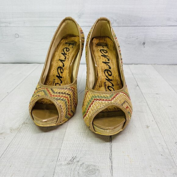 Henry Ferrera GOOD GIRL Beige Chevon Stripe Open Toe Slip On High Heels Size 7 - Picture 4 of 12